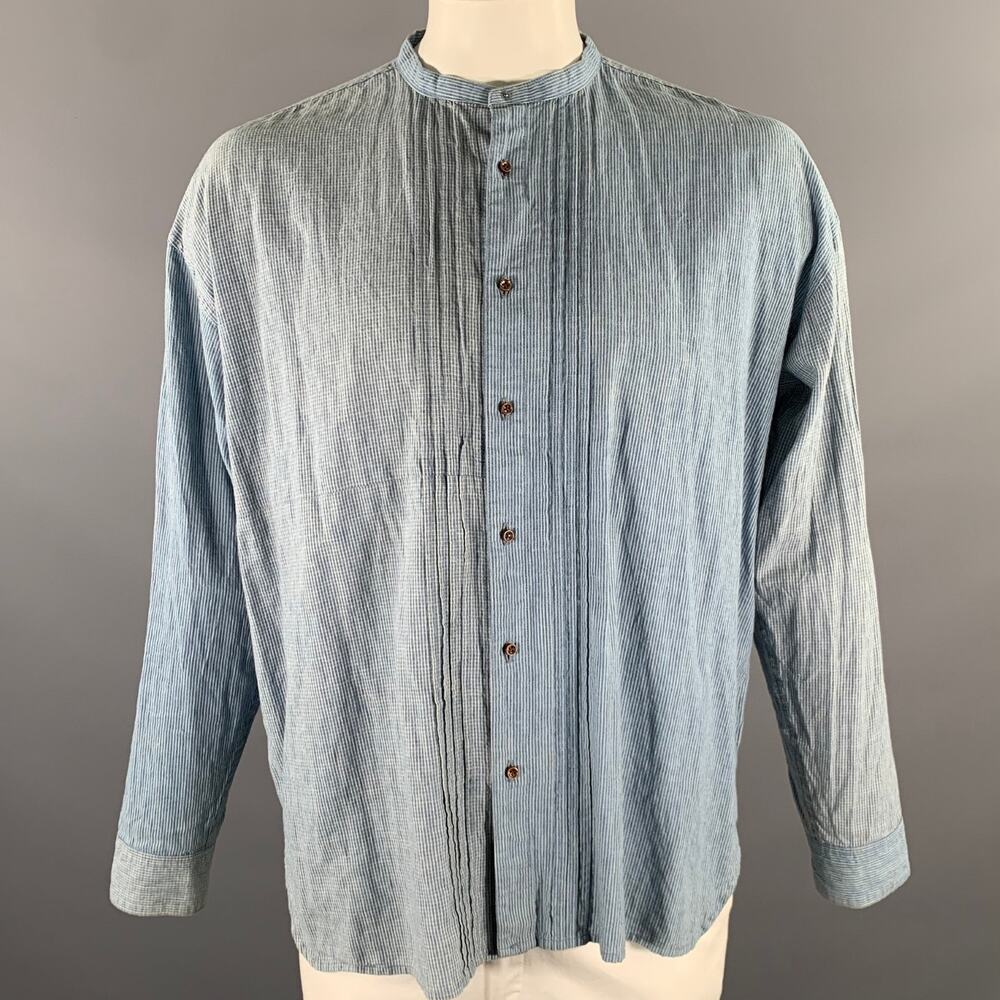 KAPITAL Size XL Blue White Stripe Cotton Linen Band Collar Long Sleeve Shirt